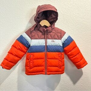L.L. Bean Kids Colorblock Puffer Jacket in Orange, Blue, Gray, Brown